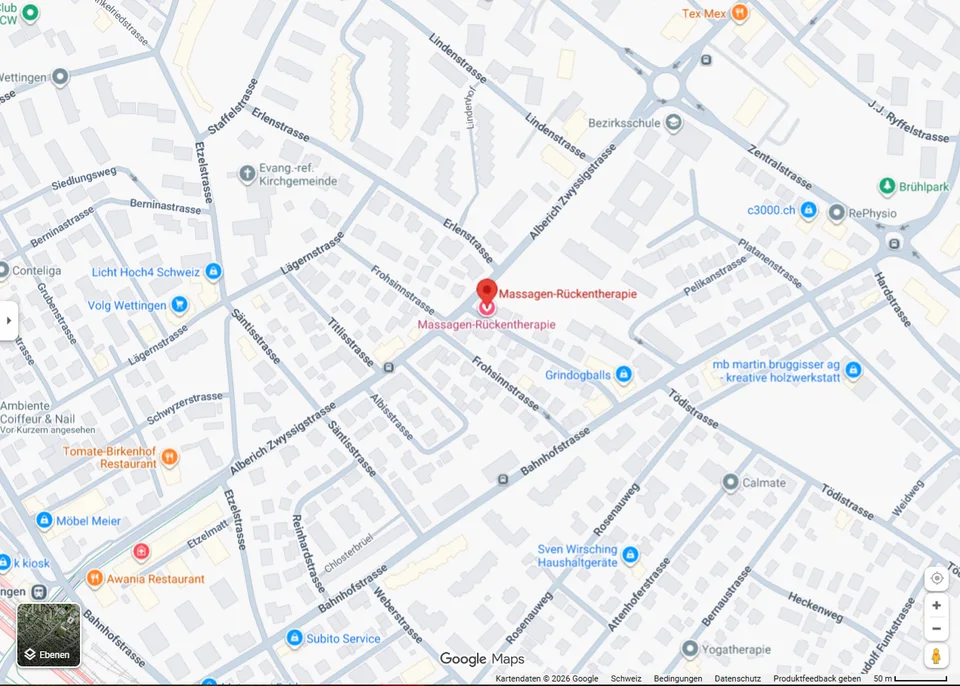 Kartenausschnitt beim Praxisstandort an der Alberich Zwyssigstrasse 36