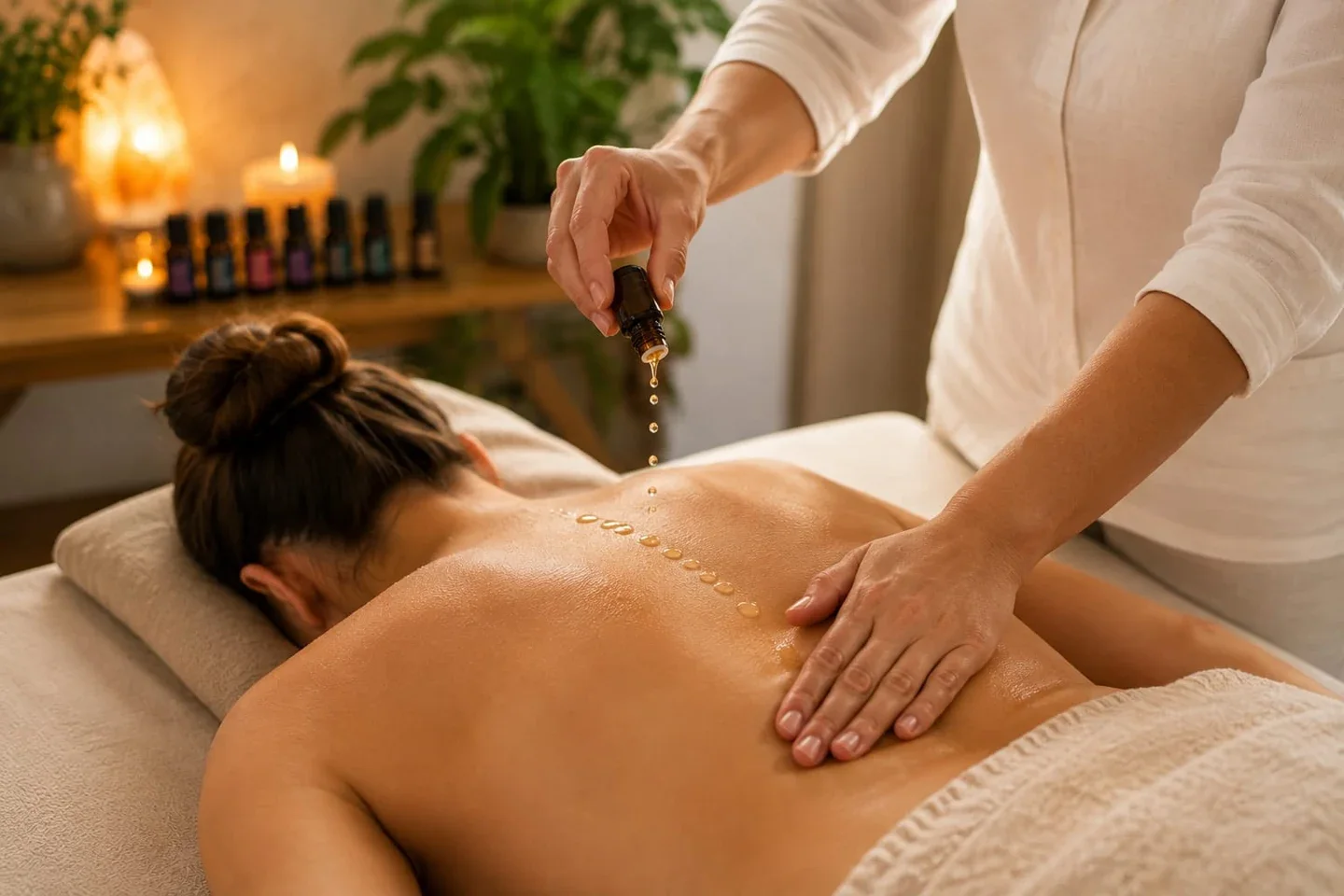 Auftragen von Öl auf den Rücken bei einer Massage